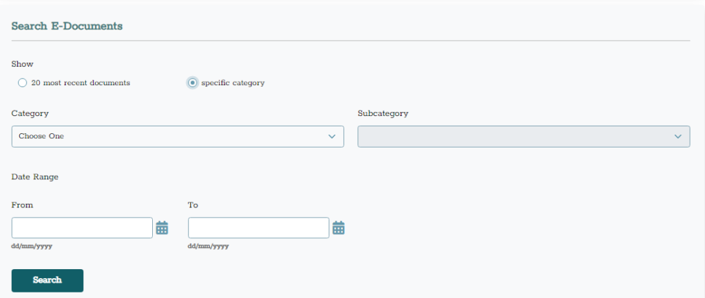 View of specific category filter function on e-Documents